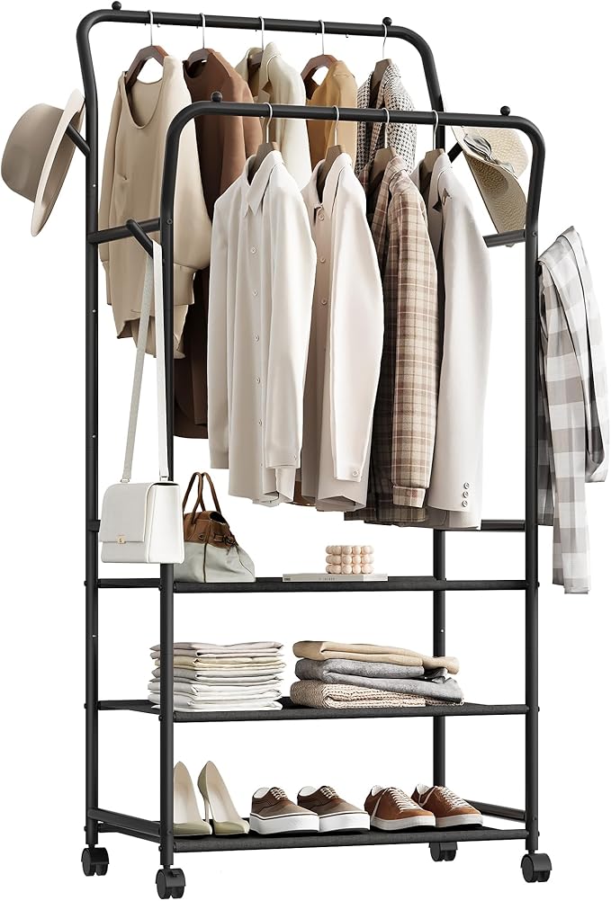 Clothes Racks for Hanging Clothes, Rolling Garment Rack, Clothing Rack with Wheels and Hooks, Double Rod Clothes Rack with Shelves, for Bedroom, Living Room, Laundry Room Black TYM07BB