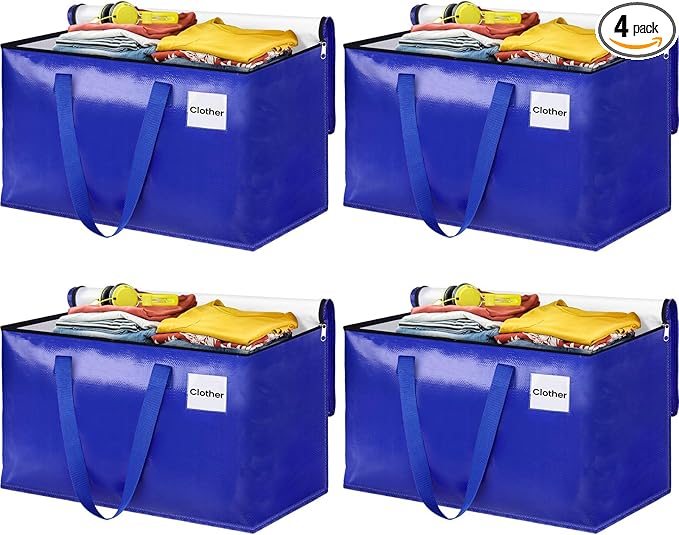 Moving Bags, Storage Bags with Sturdy Handles and Heavy Duty Zippers, Storage Totes for Space Saving, Moving & Storage, Collapsible Moving Supplies(125L, 4-Pack, Blue)