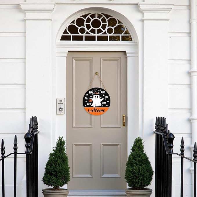 Halloween Door Decorations Cute Halloween Ghost Wreath Welcome Hey Boo Wood Hanger 12x12 Inch Farmhouse Holiday Wall Hanging Decorations for Home Porch Indoor Outdoor Party Supplies