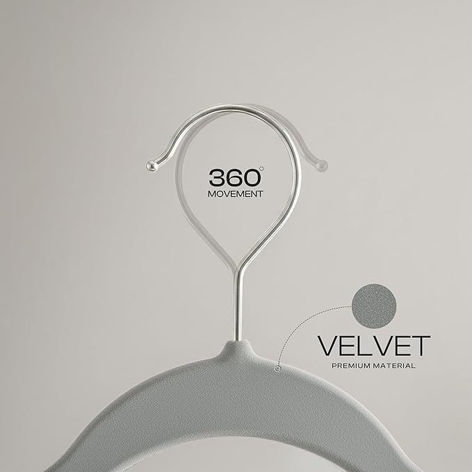 Utopia Home Velvet Hangers 150 Pack – Luxury Non-Slip Slim Pant & Coat Hangers, Strong Space-Saving Clothes Hangers with Pants Bar and 360° Swivel Hook – Grey
