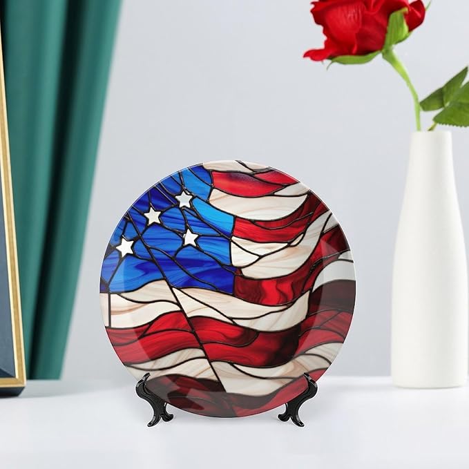 Decorative Plates for Home Decor, Blue Red USA Flag Stained Glass Painting Decor Tray for Table Display, Ceramic Dinner Plate W/ Stand, Living Room Dining Room Decor, Gifts for Patriotic, 7 Inch