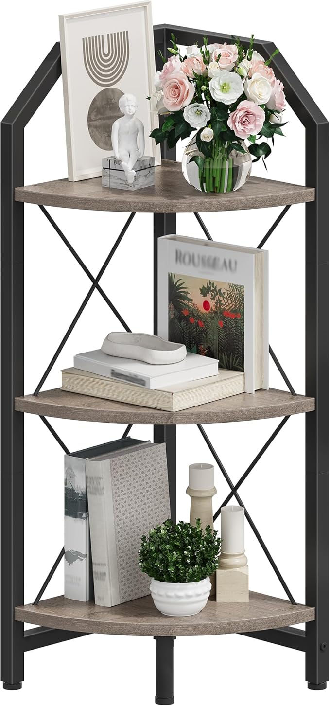CHOEZON 3-Tier Corner Shelf, Industrial Corner Bookshelf, 35.4" Storage Stand, Plant Stand Display Shelf, Bookcase for Bedroom, Living Room, Home Office, Greige and Black TCJ03BG