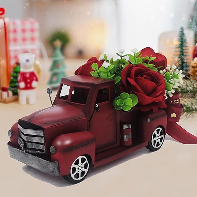 Vintage Truck with Artificial Flowers Farmhouses Tiered Tray Decors Table Centerpieces Minis Diecast Trucks Decorations Farm Pickup with Flower