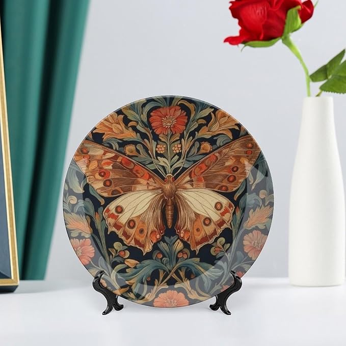 William Morris Art Wildflower Butterflies China Plates Decor for Club Farmhouse Art Decoration Custom Anniversary Idea Gifts Ceramic Ornaments Dessert Plates Including Bracket And Special Hook