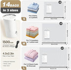 Vacuum Seal Bags for Clothing Travel with Rechargeable Electric Pump, Space Saver Vacuum Storage Bags Travel, Reusable Compression Bags for Luggage Home (14pcs Checkered)