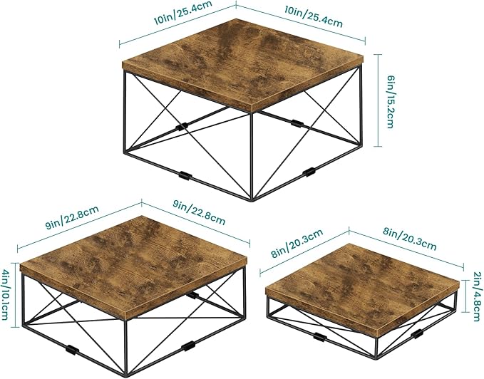 ELITEROO Buffet Risers, Wood Food Riser for Buffet Table, 3Pcs Dessert Table Display Set for Catering Supplies, Square Risers Display Stands for Wedding Party Decor, Rustic Brown, 8"x9"x10"