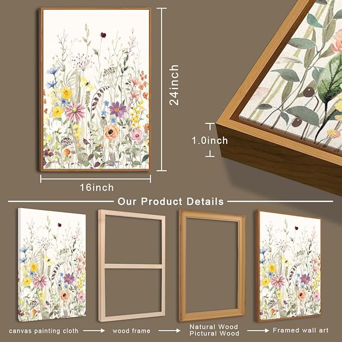 BINCUE Large Framed Floral Canvas Wall Art Colorful Wildflower Pictures Wall Decor Wildflower Artwork Flowers Pictures Floral Home Decor for Living Room Bedroom Office Farmhouse 16x24 Inches Set of 3 Gift