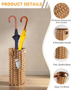 Rattan Umbrella Stand for Entryway,Hand-Woven Umbrella Holder Indoor with Doormat, Removable Drip Tray & 4 Hooks,Waterproof Umbrella Storage Basket