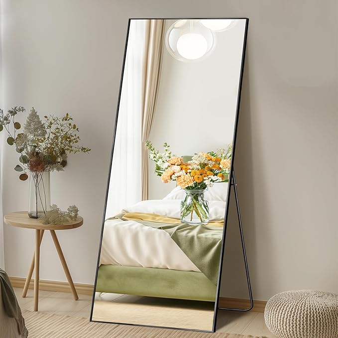 DUMOS 64"x21" Full Length Mirror with Stand, Floor Standing Aluminum Frame, ShatterProof Nano Glass for Bedroom, Living Room, Cloakroom Modern Simple Home Decor, Can Be Hanging, Leaning or Wall, Black
