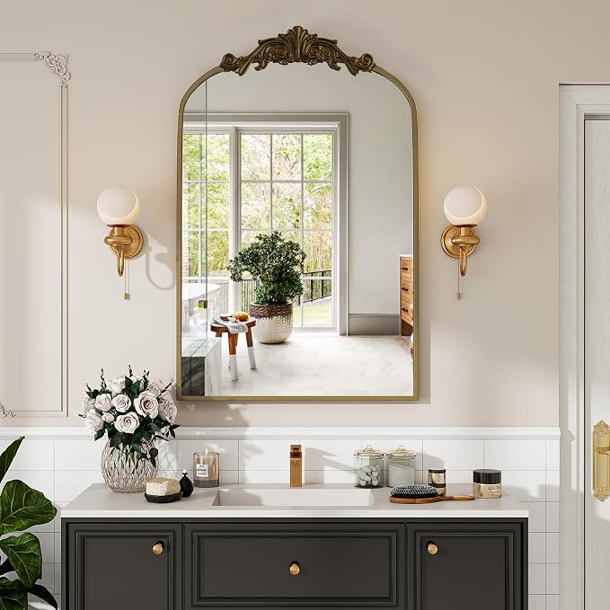 VooBang Vintage Arched Bathroom Mirror, 26x38 Inch Retro Wall Mounted Vanity Mirror with Carved Pattern Top and Metal Frame, Antique Decorative Mirror for Hanging or Leaning