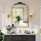 VooBang Vintage Arched Bathroom Mirror, 26x38 Inch Retro Wall Mounted Vanity Mirror with Carved Pattern Top and Metal Frame, Antique Decorative Mirror for Hanging or Leaning
