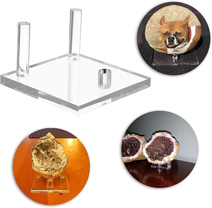 Hipiwe 4-Pack Clear Acrylic Display Stand, Three-Peg Display Easel Stands for Fossil Coral Geodes Rock Mineral Agate Small Collectibles, Large