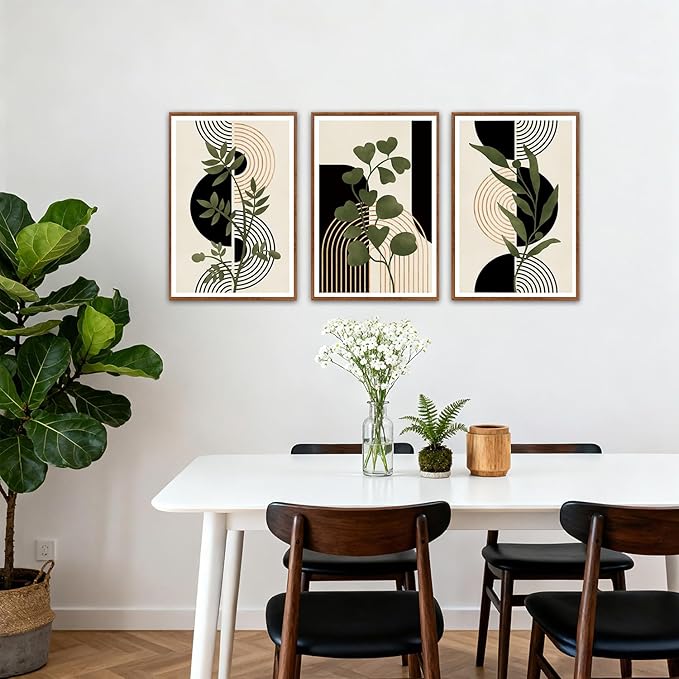 KAlRNE Boho Botanical Framed Canvas Wall Art Set of 3(16”X24”),Abstract Wall Decor,Minimalist Sage Green Picture Photography Geometric Line Black Art Prints For Living Room Bedroom Office