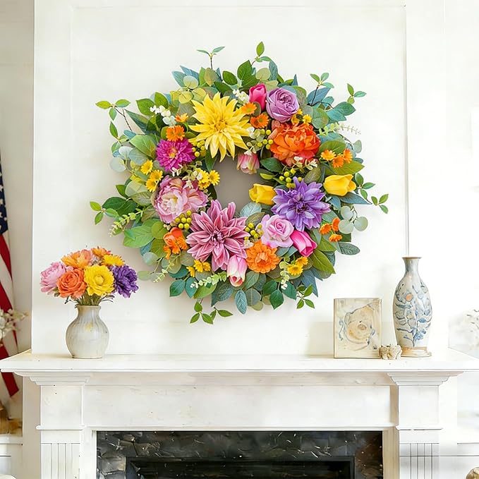24 Inch Spring Summer Wreaths for Front Door Outside, Luxury Colorful Seasonal Floral Wreath with Chrysanthemums Roses Tulips & Berries, Faux Spring Summer Door Wreath for Outdoor Home Decor