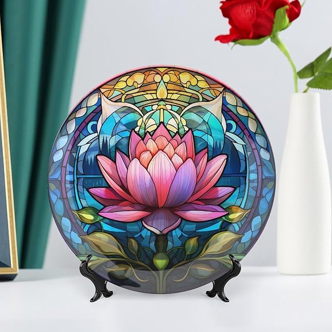 Boho Water Lily Stained Glass Print Decorative Plates Home Decor Ceramic Plates, Dinner Plates Display for Living Room, Kitchen, Hallway Console Side Table, Presents for Lotus Lover, 10 Inch