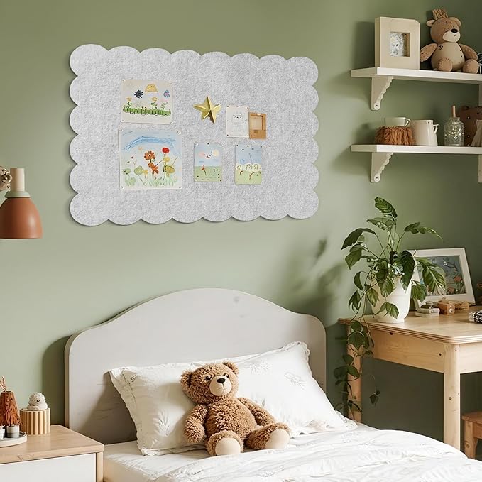 Lightomorrow Scalloped Bulletin Board, 36 x 24 Inches Felt Pin Board - Decorative Cork Alternative for Wall, Foldable Picture Self-Adhesive Vision Prayer Board with 20 Pushpins - Light Gray
