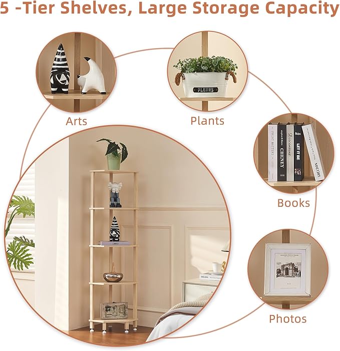 YUFAM 5-Tier Corner Shelf with Sturdy 5-Leg Base, Wooden Corner Bookshelf for Small Spaces, Corner Standing Shelf for Living Room, Bedroom, Bathroom, Natural
