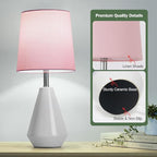Small Bedside Table Lamp for Bedroom - Reading Desk Lamp with 3 Color Temperatures，15.5" Nightstand Ceramic Lamp with Fabric Shade for Kids Room,Living Room,Dorm,Home Office (White+Pink