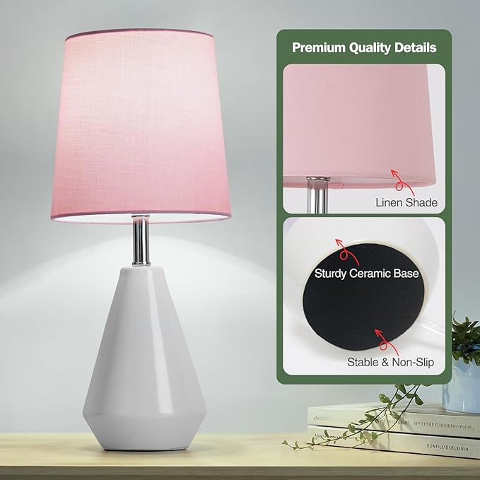 Small Bedside Table Lamp for Bedroom-Reading Desk Lamp Set of 2,with 3 Color Temperatures,15.5" Nightstand Ceramic Lamp with Fabric Shade for Kids Room,Living Room,Dorm,Home Office
