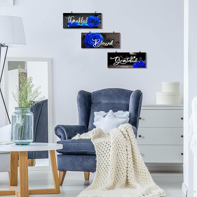 Hillban 3 Pieces Rose Wooden Wall Decor Rose Bathroom Decor Thankful Grateful Blessed Accessories Inspirational Wall Art Signs for Living Room Kitchen Wedding(10 x 4 Inch,Blue)
