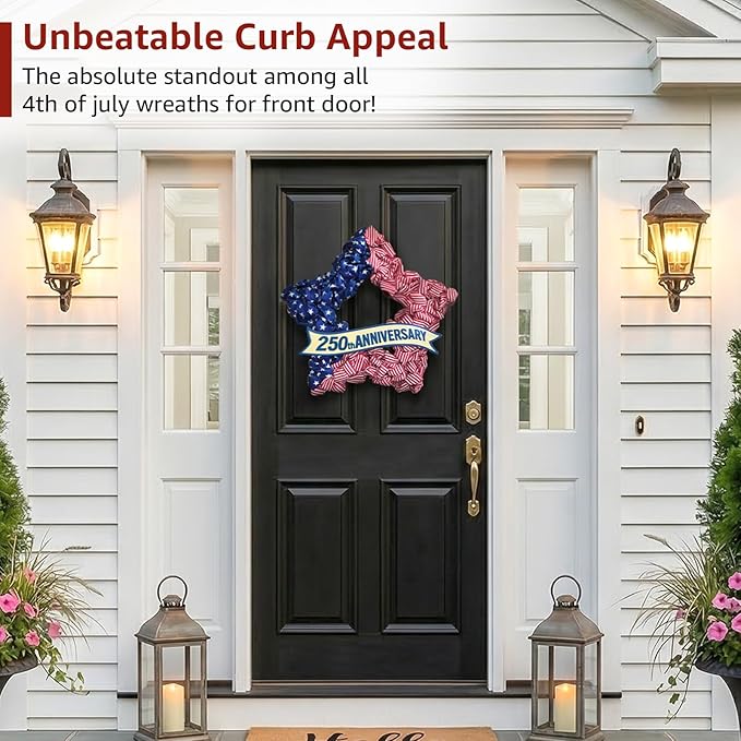 4th of July Wreath Patriotic Decorations for Front Door - 19 inch Memorial Day 250th Anniversary USA Fourth of July Burlap Star Wreath, Red White and Blue Hanging for Independence Day 2026 Decor
