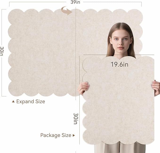 Lightomorrow Scalloped Bulletin Board, 40 x 30 Inches Felt Pin Board - Decorative Cork Alternative for Wall, Foldable Picture Self-Adhesive Vision Prayer Board with 20 Pushpins - Oatmeal