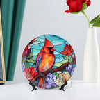 Decorative Plates for Wall Hanging, Winter Bird Stained Glass Design Ceramic Plate w/Display Stand, Home Decor for Kitchen Cabinets, Farmhouse Round Tray 7 Inch, Gift for Loss of Loved