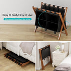 Bamboo Luggage Rack 2 Pack with 4 Storage Compartments, Foldable Suitcase Stand for Guest Room, 150lbs Capacity, Sturdy, Space-Saving and Easy to Assemble Organizer