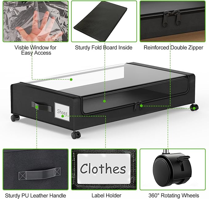 Under Bed Storage with Wheels, 2-Pack Underbed Storage Containers with Clear Lids, Under Bed Shoe Storage Organizer, Rolling Under the Bed Storage Bins for Clothes Shoes Blankets (Black)