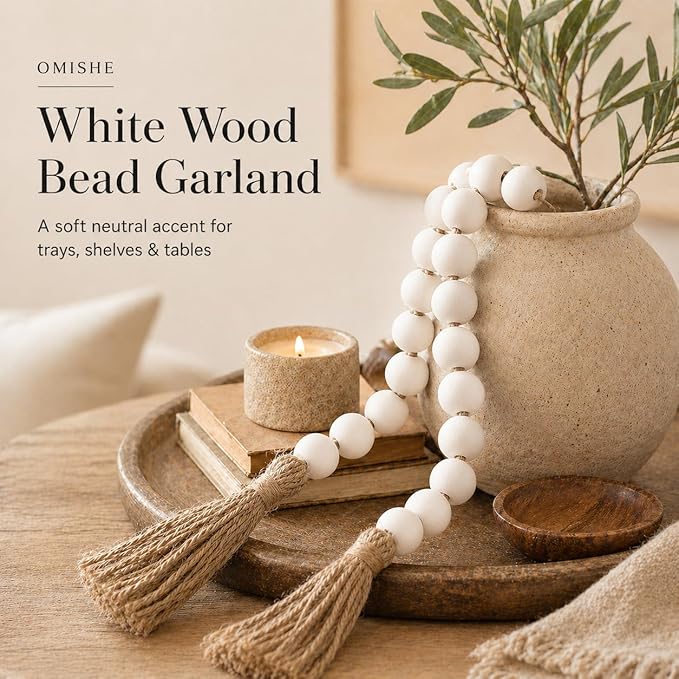 OMISHE 76" Long Extra Large Wood Bead Garland with 1.6" Diameter Wooden Beads and Tassels, Rustic Farmhouse Country Decorative Beads for Home Tiered Tray Decor, White