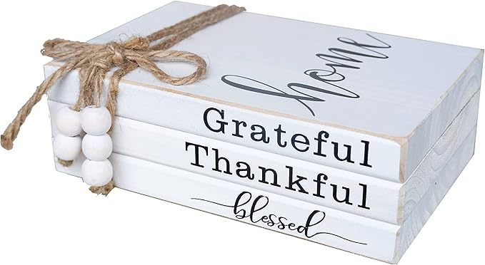 LIVDUCOT Wooden Farmhouse Decor Faux Book Stack (Set of 3 for Coffee Tables and Shelves) | Grateful, Thankful, Blessed Home Sign, 5.5' x 7' x 2.5'