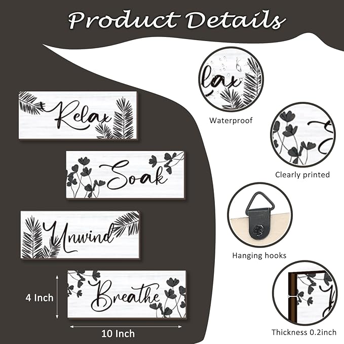 4 Pcs Farmhouse Bathroom Wall Decors Relax Soak Unwind Breathe Wooden Word Sign Black Hanging Wall Art Rustic Office Wall Decor for Bedroom Living Room Vintage Decorations(Black Leaves 10X4 Inch)