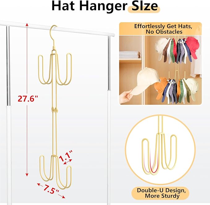 Hat Hangers for Closet, Stainless Steel Hat Organizer, Hat Racks for Baseball Caps, Cap Organizer for Baseball Caps, Gold, 1Pack