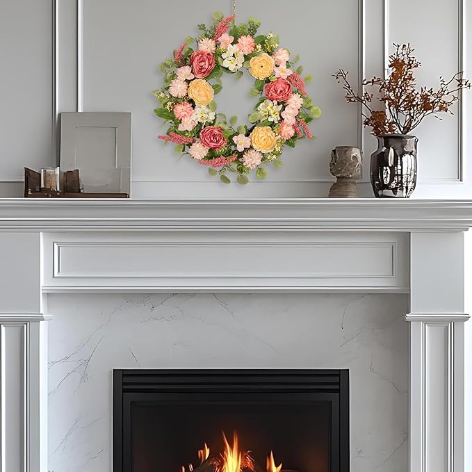22 Inch Spring Summer Wreath for Front Door, Realistic Silk Peony & Hydrangea Wreath with Yellow Pink Flowers Grain Stems, Artificial Floral Wreath for Indoor Outdoor Porch Wall Farmhouse Decor