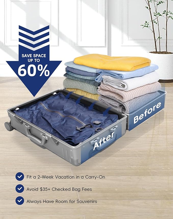 Travel Vacuum Bags with Wireless Pump, Reusable Vacuum Compression Bags for Suitcase, Space Saver for Luggage, Airtight & Waterproof, Perfect for Frequent Travelers & Business Trips (2-Pack)