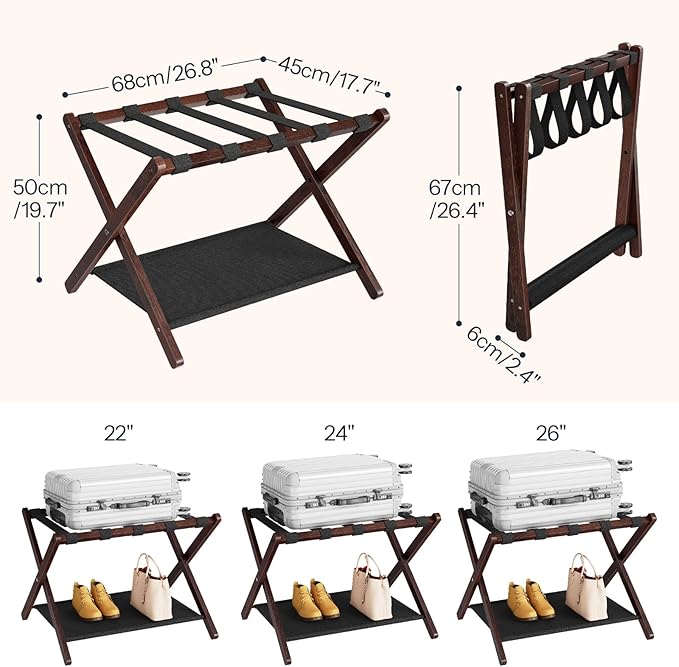 HOOBRO Luggage Rack, Bamboo Suitcase Stand, Folding Luggage Holder, with Nylon Straps and Oxford Fabric Shelf, for Guest Room, Hotel, Bedroom, Brown and Black BR17XL01G1