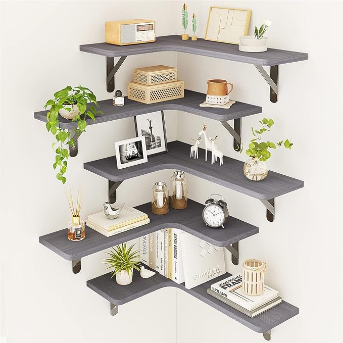 Fixwal Corner Floating Shelves Set of 5, Rustic Wood Wall Mounted Corner Shelf for Bathroom, Kitchen, Bedroom, Home Decor, Laundry Room, Living Room(Gray)