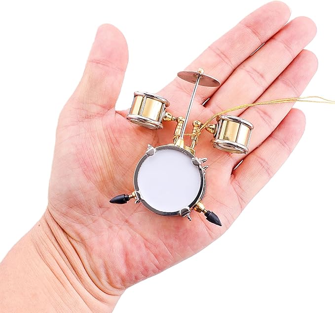 2.99" String Miniature Drum Set Hanging Ornament Brass Mini Musical Instrument Replica Music Birthday Gifts Holiday Tree Home Decoration Display Ornament Model (2.99", Drum)
