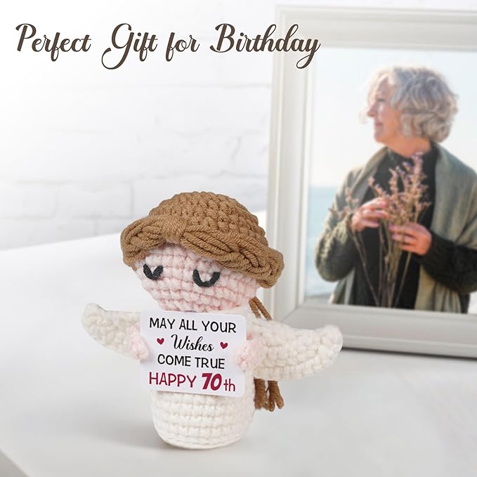 70th Birthday Gifts for Women Men, 1956 70th Birthday Decorations, Happy 70 Year Old Gifts for Family Friends - Handmade Positive Angel Crochet Doll