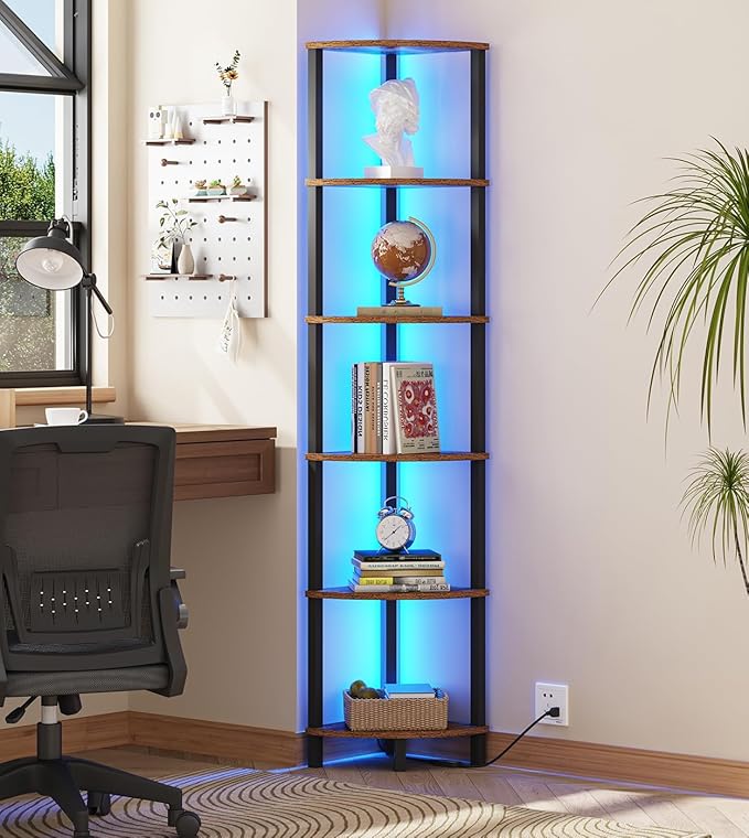VIMBER 6-Tier Corner Shelf with LED Light, Industrial Corner Ladder Shelf, Rustic Display Shelf for Living Room, Bedroom, Kitchen, Home Office, Sturdy Frame, Rustic Brown and Black UJSJ002F