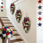 Idyllic 2 Pcs Red White and Blue Floral Swag with Roses, Hydrangea & Daisies | Patriotic Hanging Door Decor for 4th of July Memorial Day Front Door