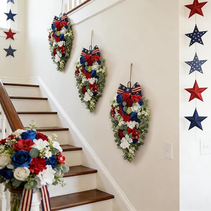 Idyllic 2 Pcs Red White and Blue Floral Swag with Roses, Hydrangea & Daisies | Patriotic Hanging Door Decor for 4th of July Memorial Day Front Door