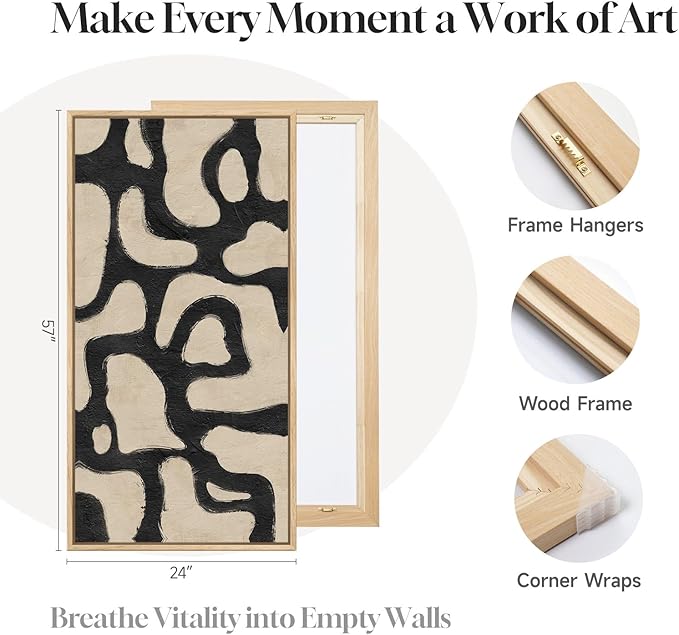 Framed Neutral Horizontal Abstract Wall Art for Living Room, Extra Large Black and Beige Modern Painting Print, Mid Century Canvas Artwork for Dining Room Bedroom Hallway Office Walls Decor, 30x60 Inch