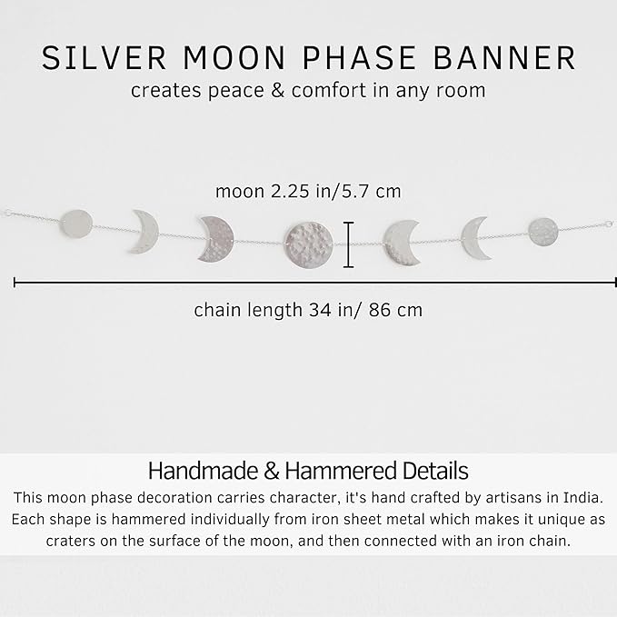 BASE ROOTS Moon Phase Wall Decor, Celestial Décor, Moon Décor & Boho Wall Décor, Silver Wall Art for Bedroom & Living Room, Bohemian Wall Decor, Handmade Hammered Metal 36" 7 Phases Moon Wall Decor, Gift for Women & Kids