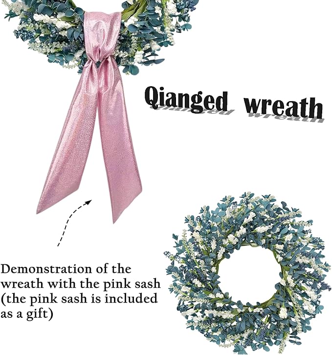 22 Inch Blue Floral Wreath for Front Door, Artificial Spring Summer Wreath with Free Pink Sash, All Seasons Eucalyptus Greenery Wreath for Indoor Outdoor Home Wall Wedding Decor