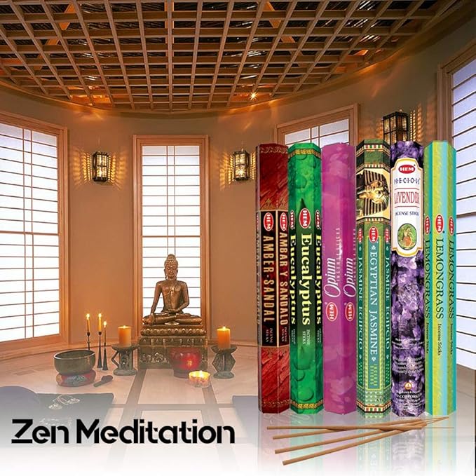 HEM assorted best sellers incense sticks pack of 6 - 120 Sticks, Fragrance - Lemongrass, Lavender, Egyptian Jasmine, Ambar Sandalo, Opium, Eucalyptus