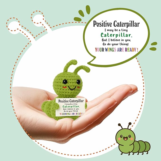 Mini Positive Christmas Caterpillar Gift – Cute Crochet Encouragement Gift for Kids, Students, Friends, Teachers Coworkers – Tiny Plush Bug with Card – Back to School, Just Because Present