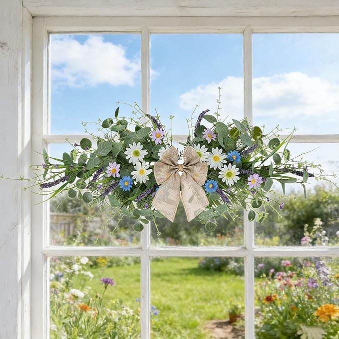 2 Pcs Spring Floral Teardrop Swags 24" Wildflower & Daisy Swag Decor with Linen Bows, Artificial Summer Greenery Swags for Door, Wall, Mantel, and Wedding Decor