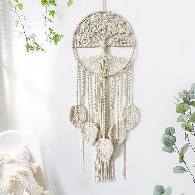 Large Tree of Life Dream Catchers, Macrame Wall Hanging Boho Handmade Woven Dream Catcher Macrame Wall Decor Art for Adults Boys Girls Bedroom Wedding Party Decor, Festival Blessing Gift（Light Beige）