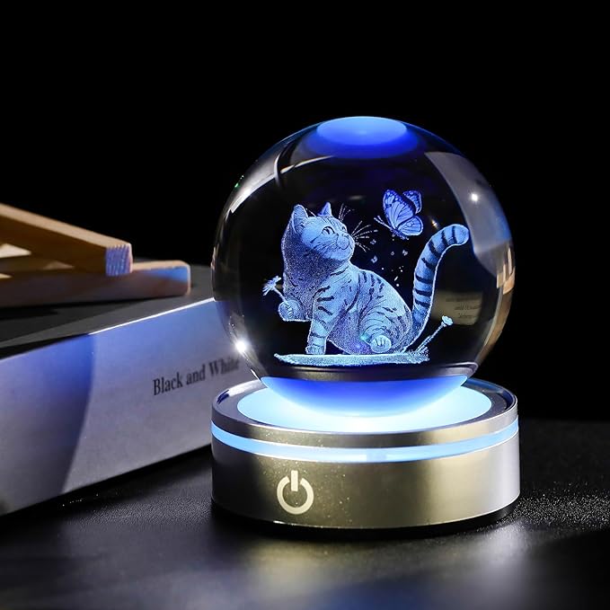 Movdyka 3D Laser Cat Figurines Lamp Glass Animals Statue Home Office Decor, Cat Theme Gifts for Women, Men, Girls - 3.15"/8CM